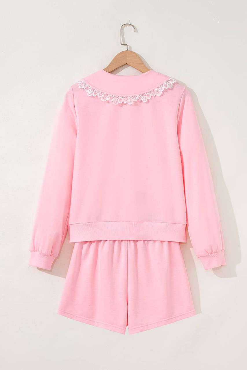 Pink Peter Pan Lace Embellished Neck Collision Sweatshirt and Skirt Two Piece Set