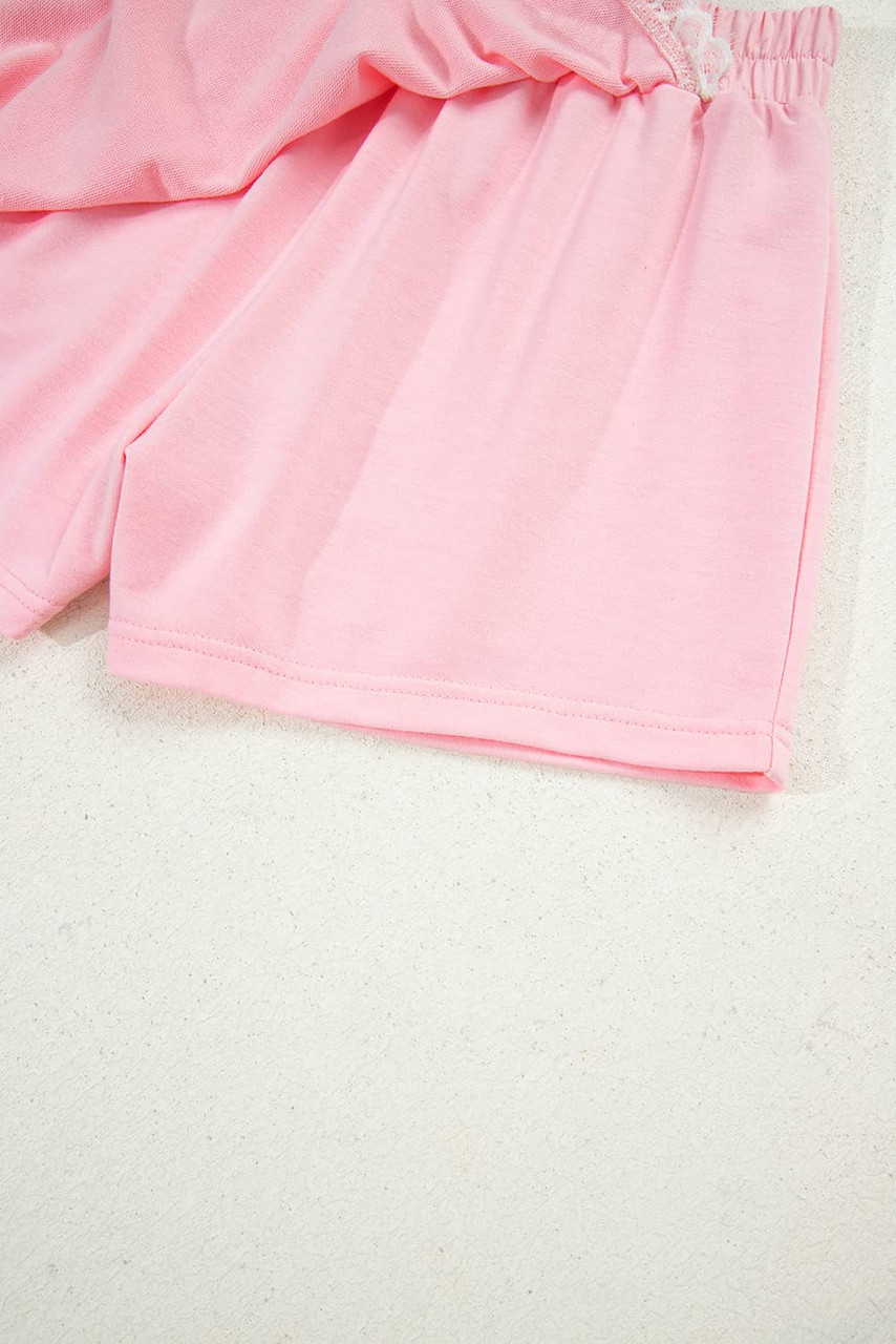 Pink Peter Pan Lace Embellished Neck Collision Sweatshirt and Skirt Two Piece Set