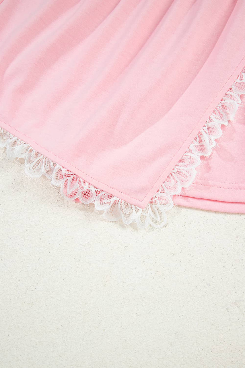 Pink Peter Pan Lace Embellished Neck Collision Sweatshirt and Skirt Two Piece Set