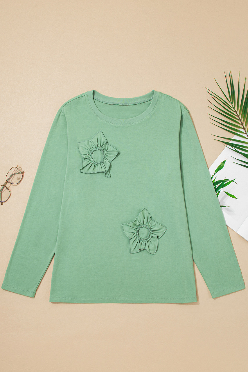 Grass Green Flower Applique Mineral Wash Plus Size Top