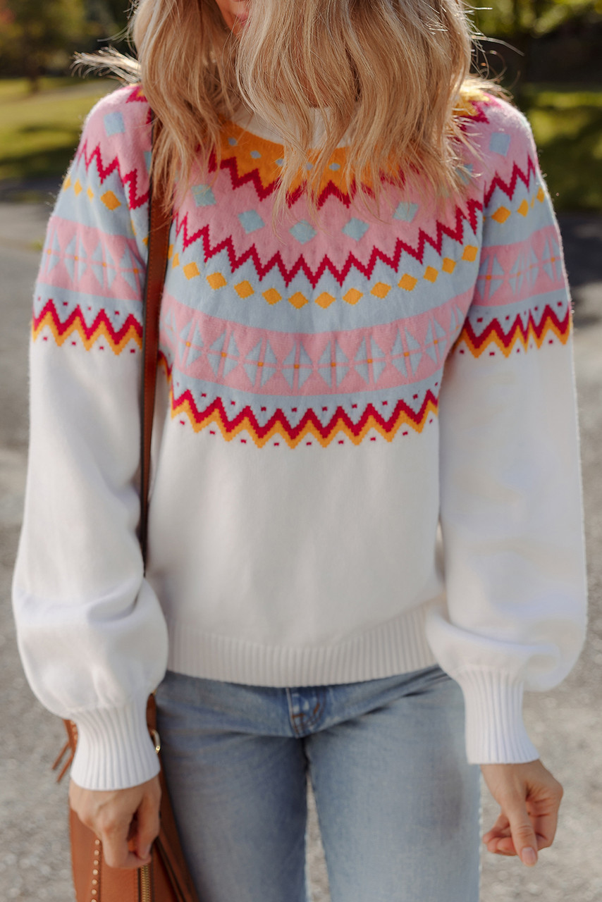 White Ethnic Geometric Colorblock Print Drop Shoulder Sweater White Ethnic Geometric Colorblock Print Drop Shoulder Sweater
