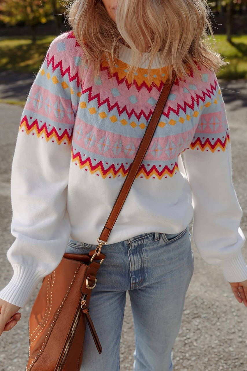 White Ethnic Geometric Colorblock Print Drop Shoulder Sweater White Ethnic Geometric Colorblock Print Drop Shoulder Sweater