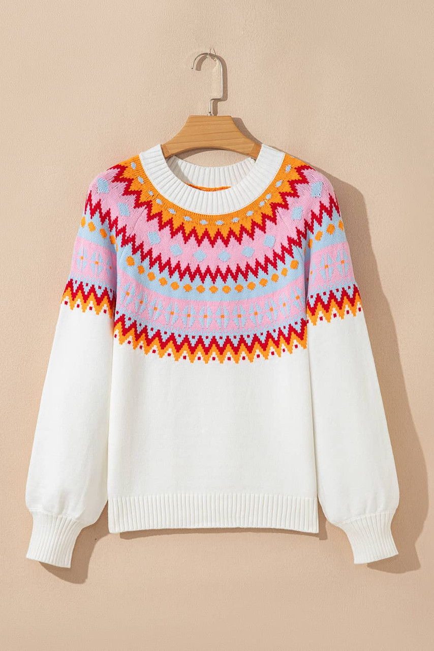 White Ethnic Geometric Colorblock Print Drop Shoulder Sweater White Ethnic Geometric Colorblock Print Drop Shoulder Sweater