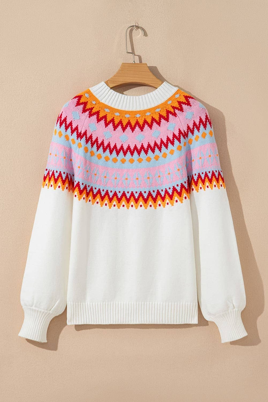 White Ethnic Geometric Colorblock Print Drop Shoulder Sweater White Ethnic Geometric Colorblock Print Drop Shoulder Sweater
