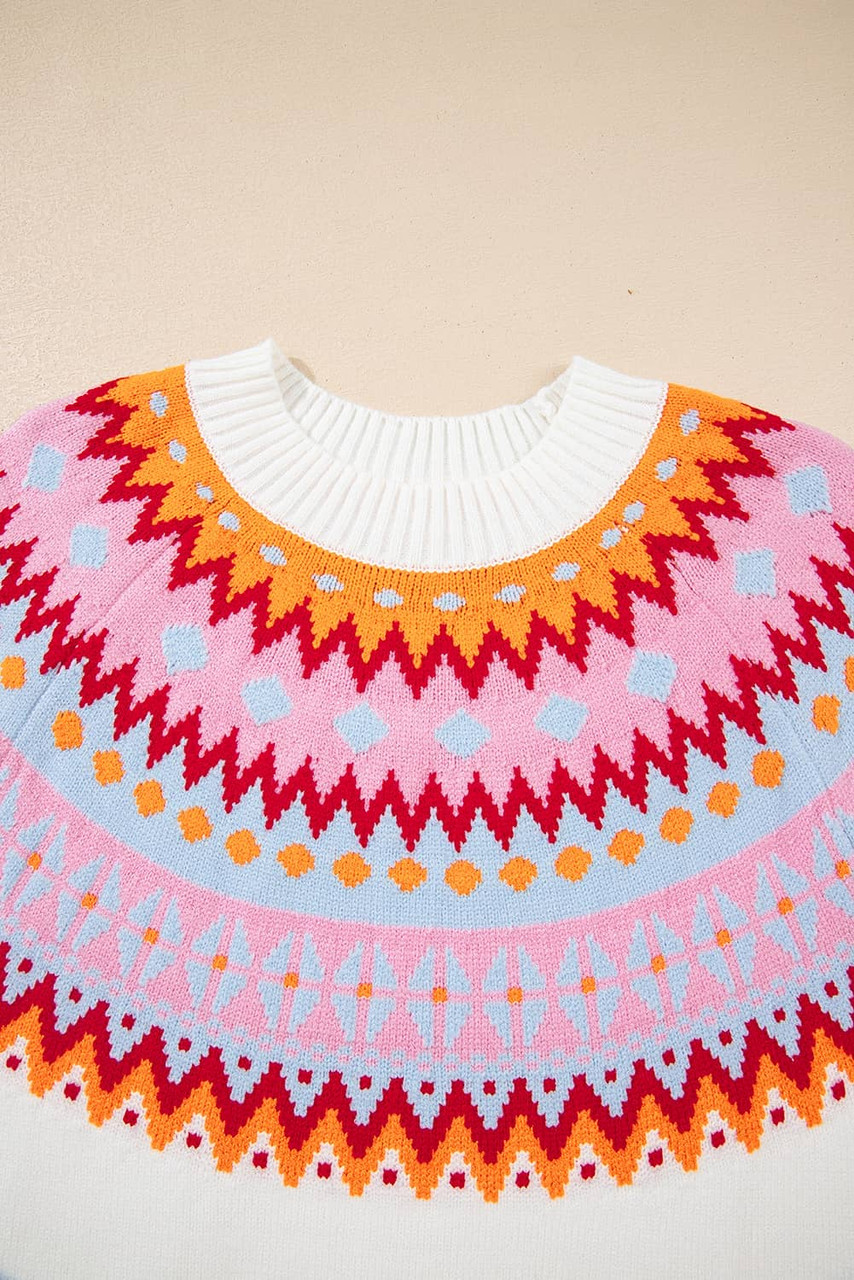 White Ethnic Geometric Colorblock Print Drop Shoulder Sweater White Ethnic Geometric Colorblock Print Drop Shoulder Sweater