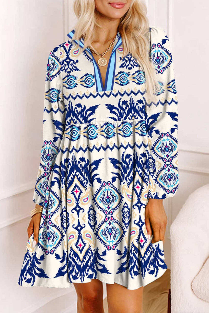 Blue Ethnic Print Striped Split Neck Long Sleeve Flowy Mini Dress Blue Ethnic Print Striped Split Neck Long Sleeve Flowy Mini Dress