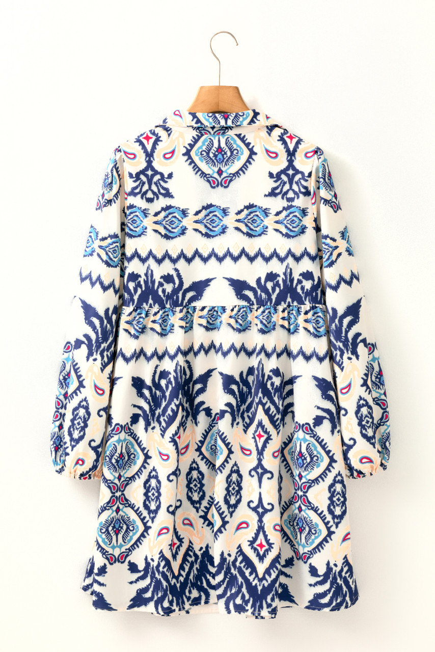 Blue Ethnic Print Striped Split Neck Long Sleeve Flowy Mini Dress Blue Ethnic Print Striped Split Neck Long Sleeve Flowy Mini Dress