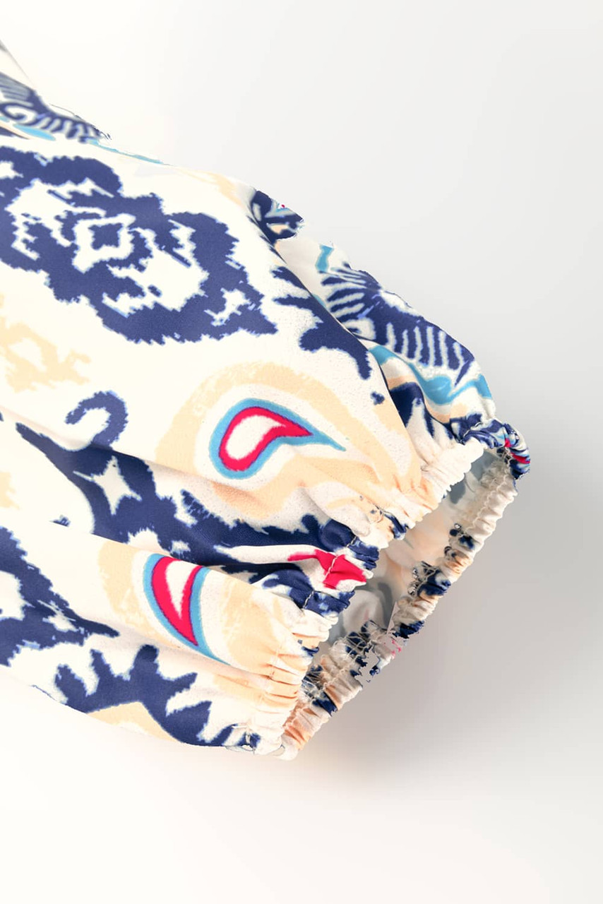 Blue Ethnic Print Striped Split Neck Long Sleeve Flowy Mini Dress Blue Ethnic Print Striped Split Neck Long Sleeve Flowy Mini Dress