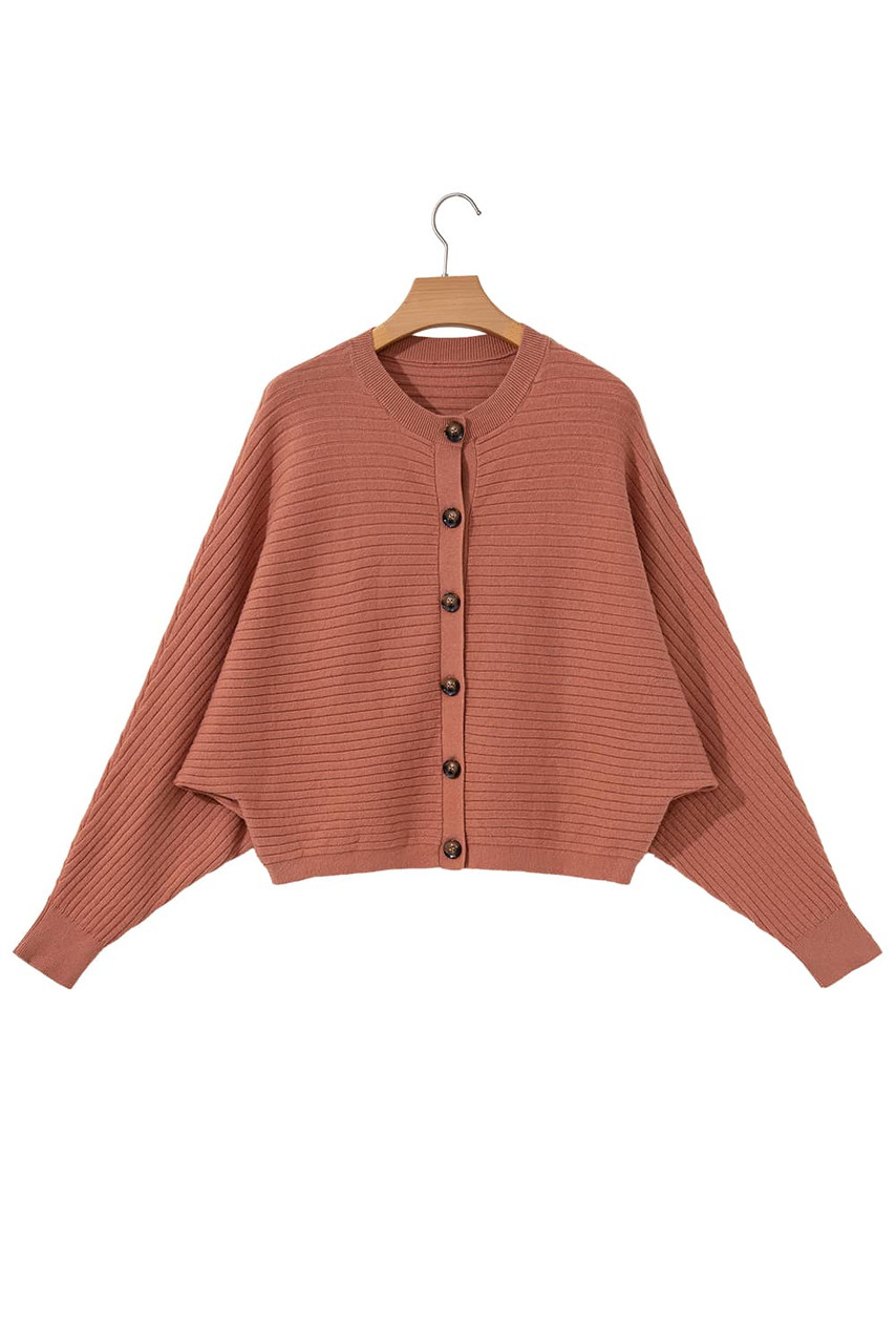 Apricot Pink Wide Rib Knit Button Front Dolman Sleeve Sweater Cardigan