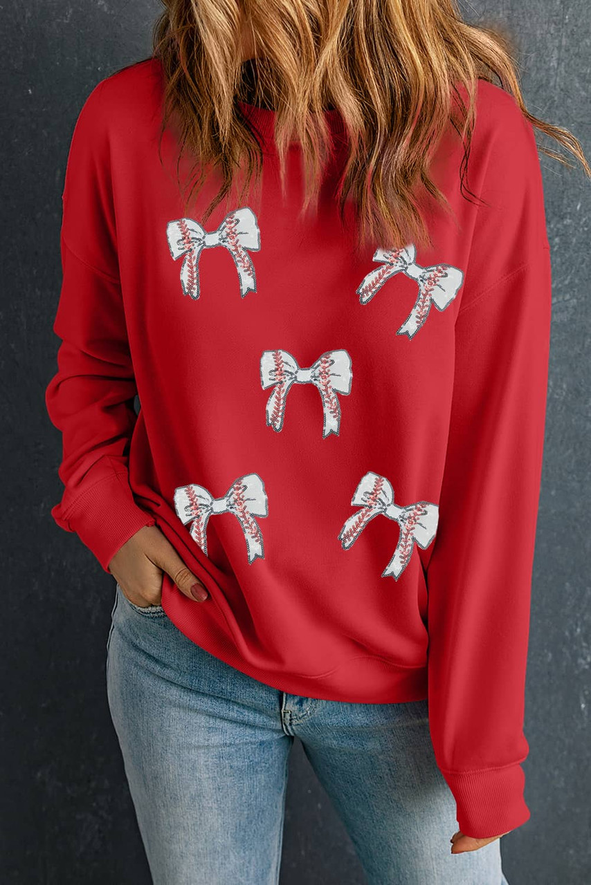 Red Sequined Baseball Bow Graphic Plus Size Sweatshirt