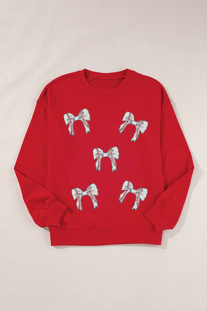 Red Sequined Baseball Bow Graphic Plus Size Sweatshirt