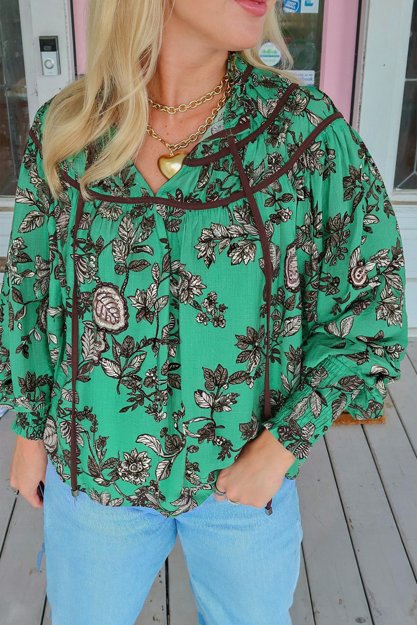 Green Leaves Print Contrast Trim V Neck Shirred Puff Sleeve Blouse