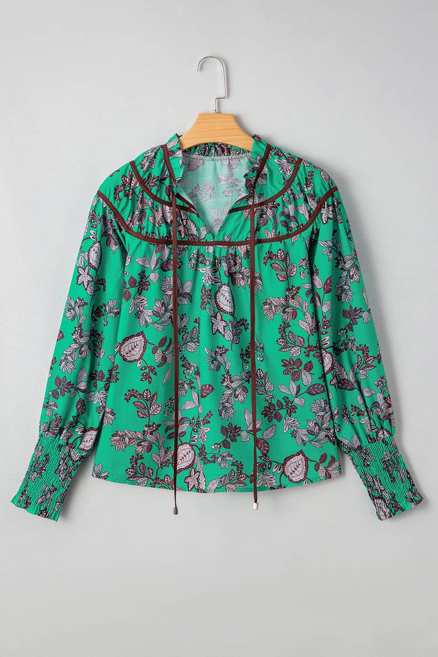 Green Leaves Print Contrast Trim V Neck Shirred Puff Sleeve Blouse