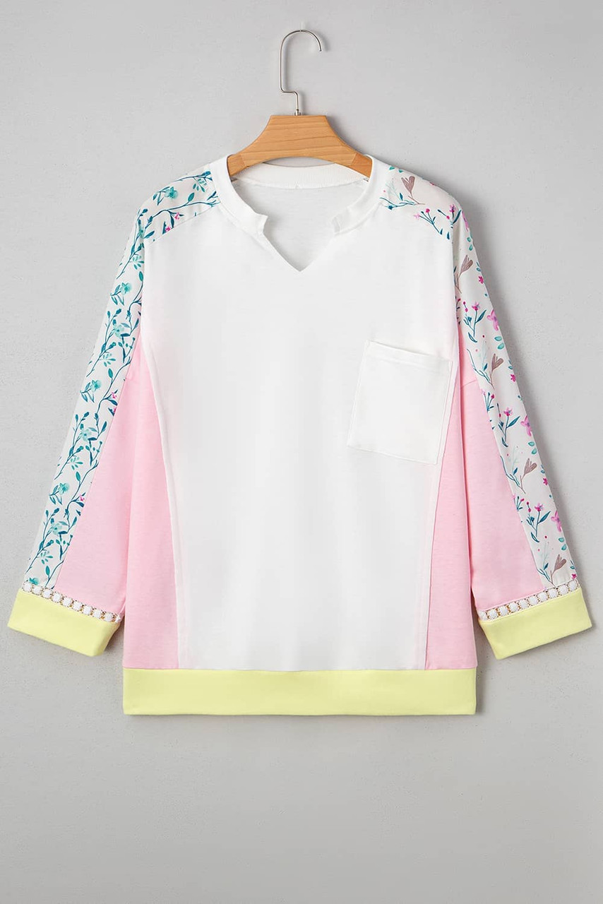 White Floral Colorblock Patchwork Chest Pocket Notched Neck Long Sleeve Top White Floral Colorblock Patchwork Chest Pocket Notched Neck Long Sleeve Top