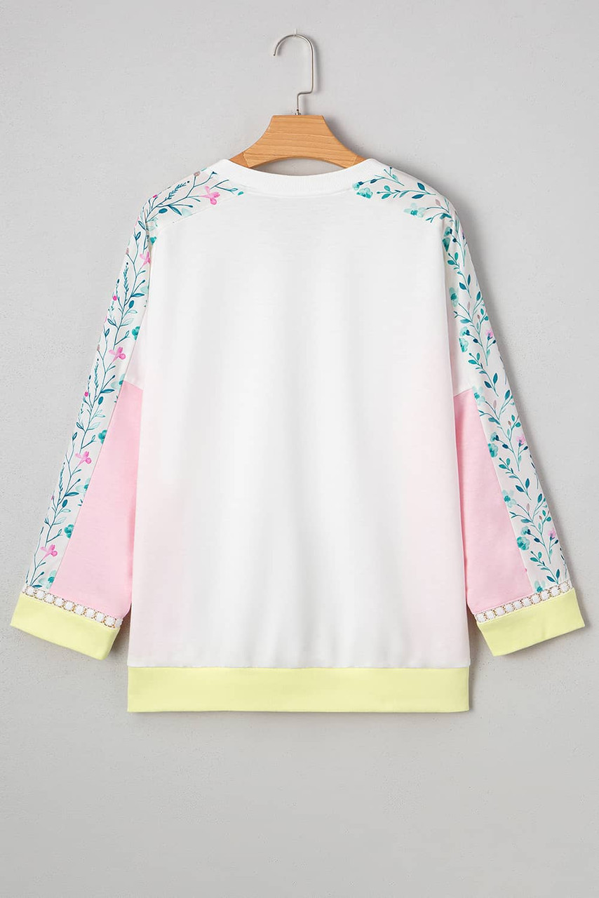 White Floral Colorblock Patchwork Chest Pocket Notched Neck Long Sleeve Top White Floral Colorblock Patchwork Chest Pocket Notched Neck Long Sleeve Top