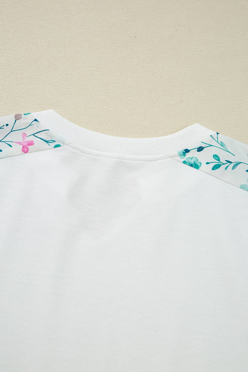 White Floral Colorblock Patchwork Chest Pocket Notched Neck Long Sleeve Top White Floral Colorblock Patchwork Chest Pocket Notched Neck Long Sleeve Top