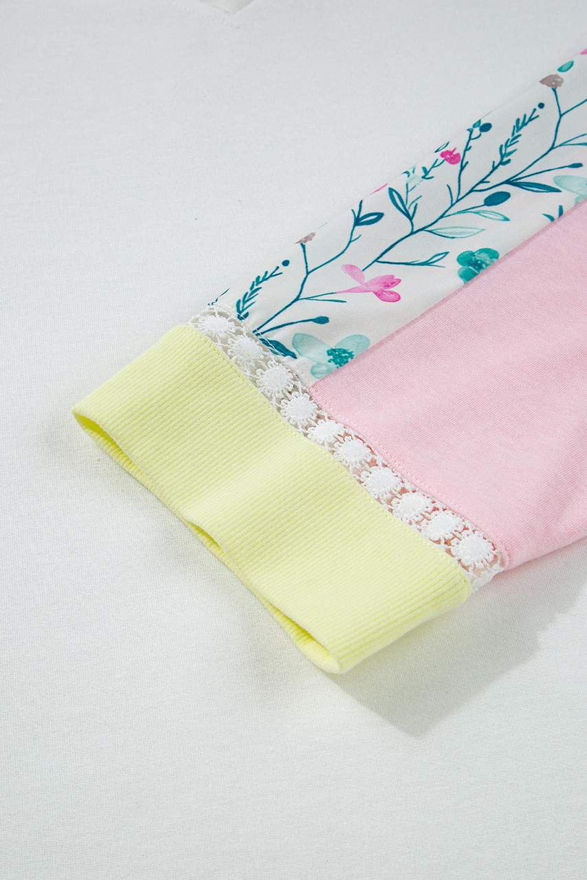 White Floral Colorblock Patchwork Chest Pocket Notched Neck Long Sleeve Top White Floral Colorblock Patchwork Chest Pocket Notched Neck Long Sleeve Top