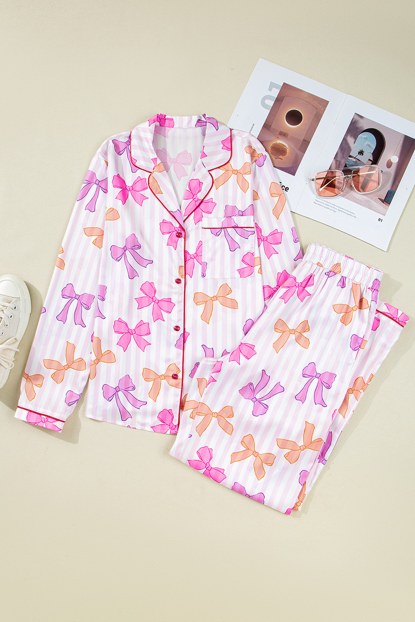 Pink Striped Bow Print Contrast Piping Trim Shirt and Pants 2pcs Pajama Set