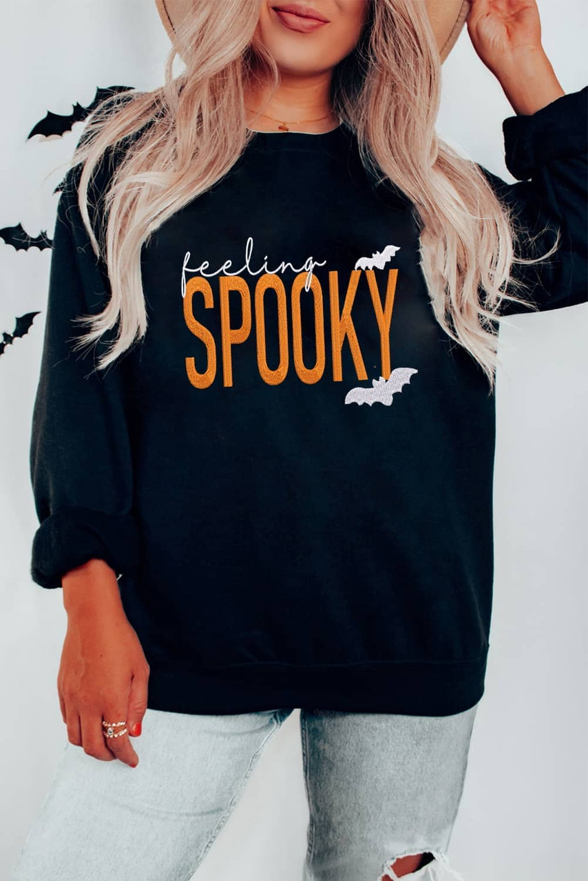 Black Feeling Spooky Halloween Embroidered Graphic Baggy Sweatshirt
