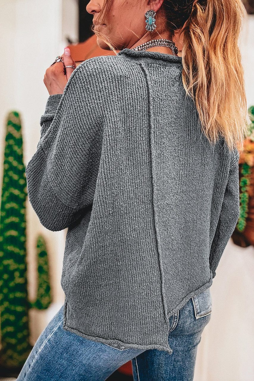 Medium Grey Raw Edge Uneven Hem Patchwork Drop Shoulder Sweater Medium Grey Raw Edge Uneven Hem Patchwork Drop Shoulder Sweater