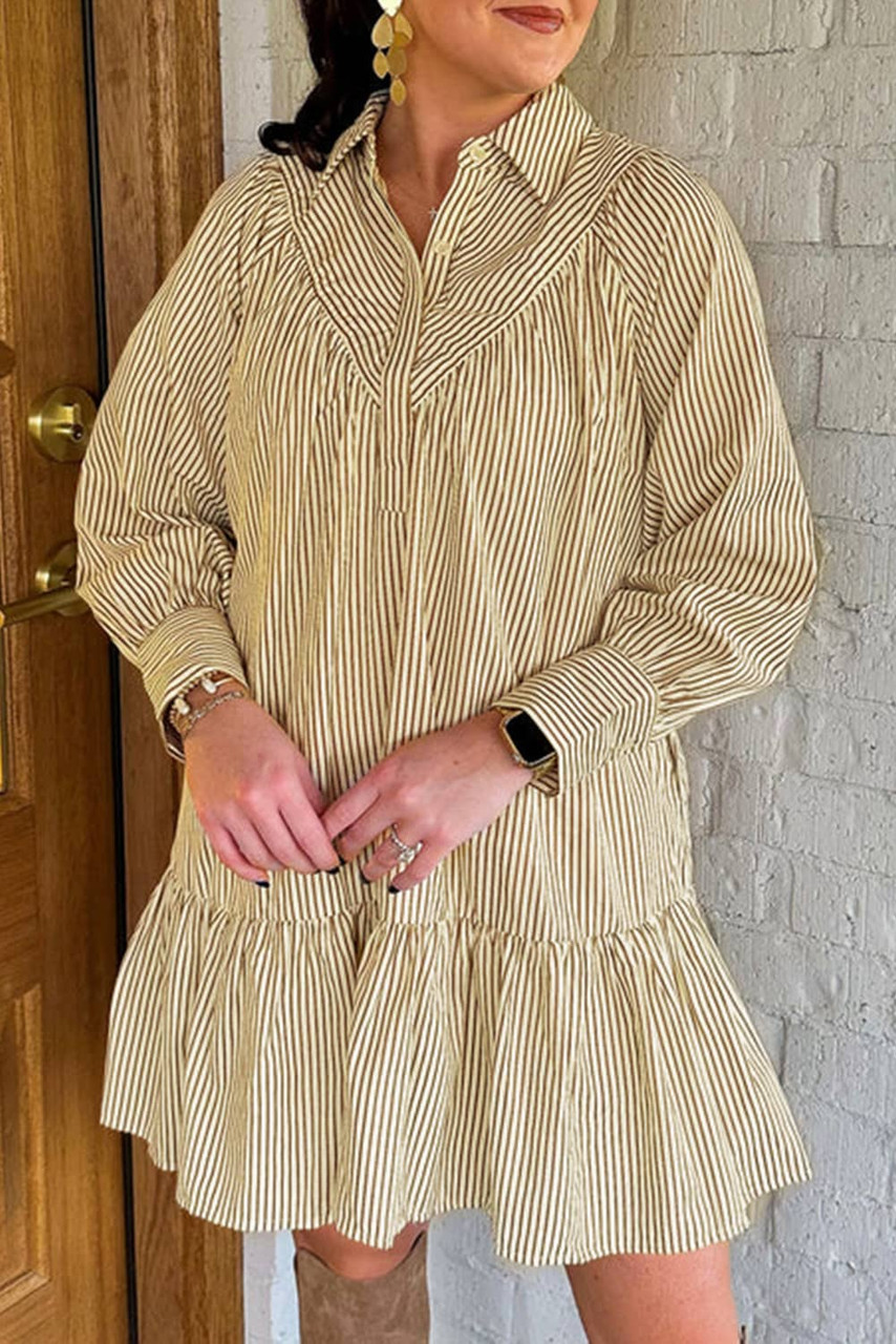 Brown Stripe Collared Neck Cuffed Long Sleeve Drop Waist Mini Dress Brown Stripe Collared Neck Cuffed Long Sleeve Drop Waist Mini Dress