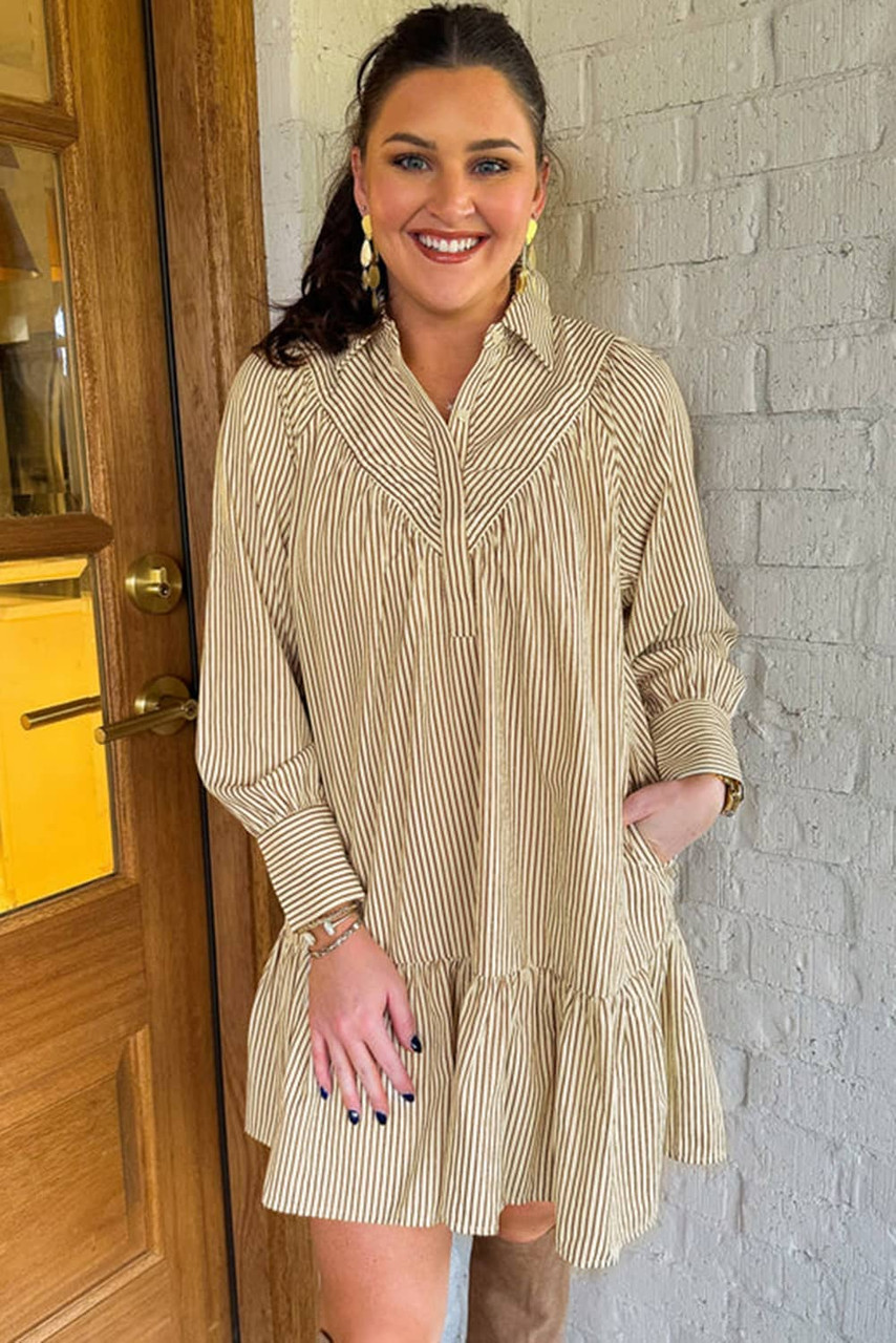 Brown Stripe Collared Neck Cuffed Long Sleeve Drop Waist Mini Dress Brown Stripe Collared Neck Cuffed Long Sleeve Drop Waist Mini Dress