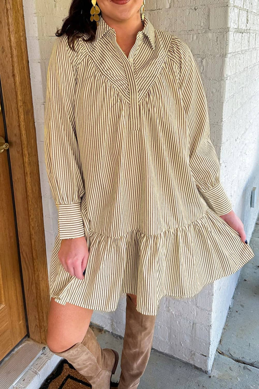 Brown Stripe Collared Neck Cuffed Long Sleeve Drop Waist Mini Dress Brown Stripe Collared Neck Cuffed Long Sleeve Drop Waist Mini Dress