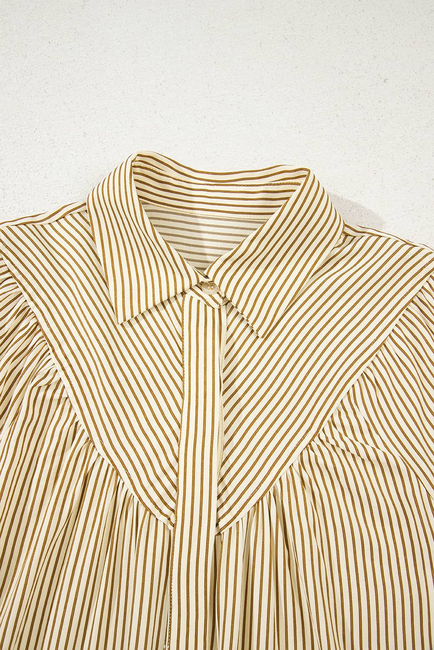 Brown Stripe Collared Neck Cuffed Long Sleeve Drop Waist Mini Dress Brown Stripe Collared Neck Cuffed Long Sleeve Drop Waist Mini Dress