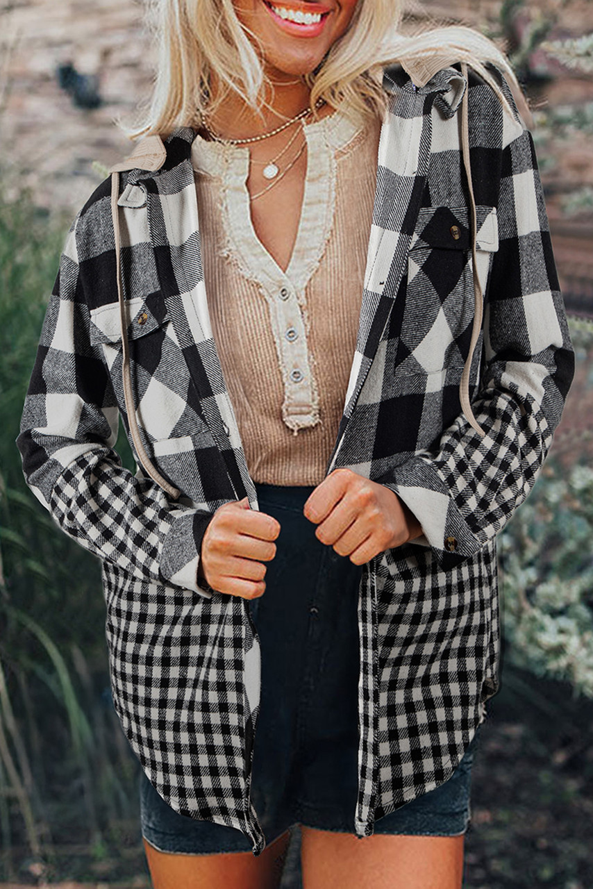 Black Double Plaid Patchwork Drawstring Hooded Shacket