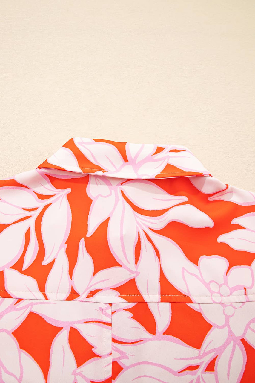 Orange Botanical Print Single Chest Pocket Button Up Shirt