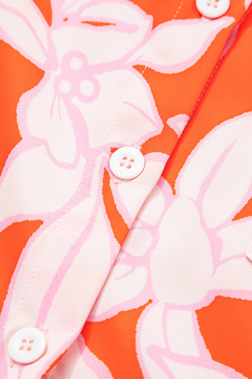 Orange Botanical Print Single Chest Pocket Button Up Shirt