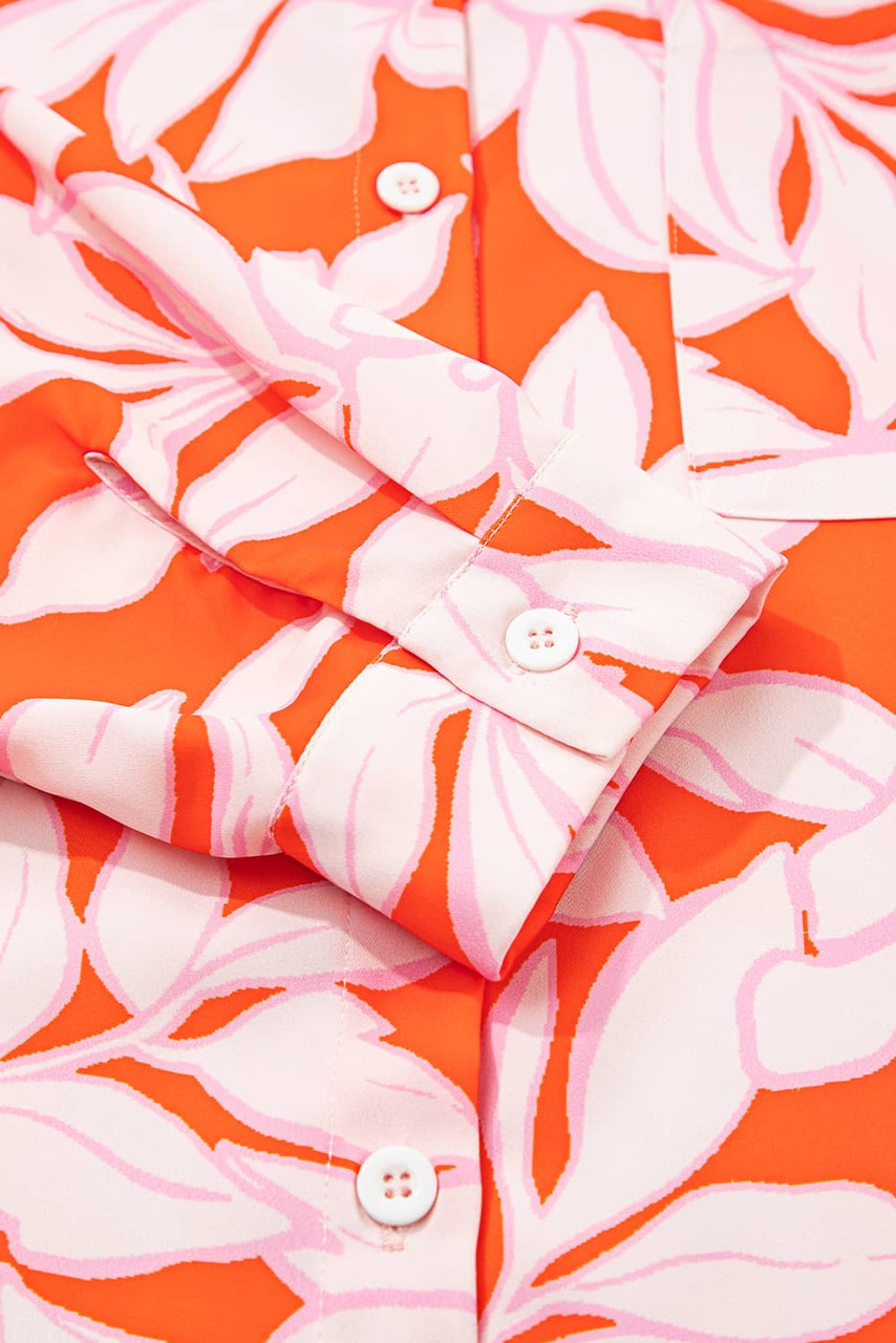 Orange Botanical Print Single Chest Pocket Button Up Shirt