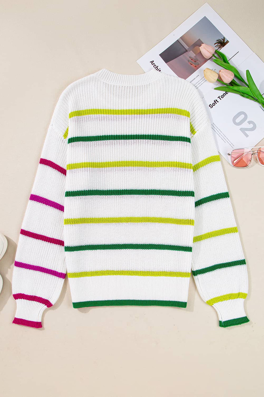 White Colorful Striped Drop Shoulder Crew Neck Sweater