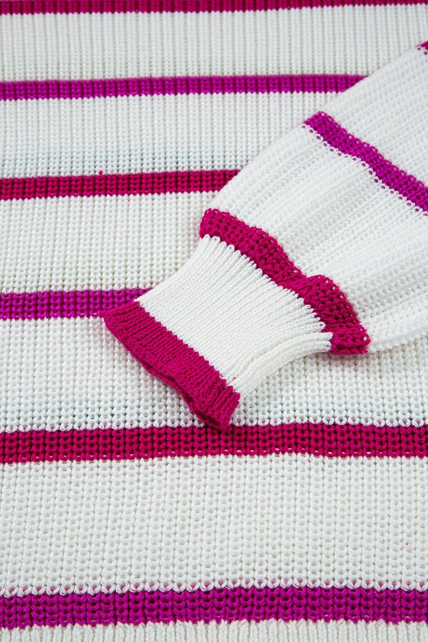 White Colorful Striped Drop Shoulder Crew Neck Sweater