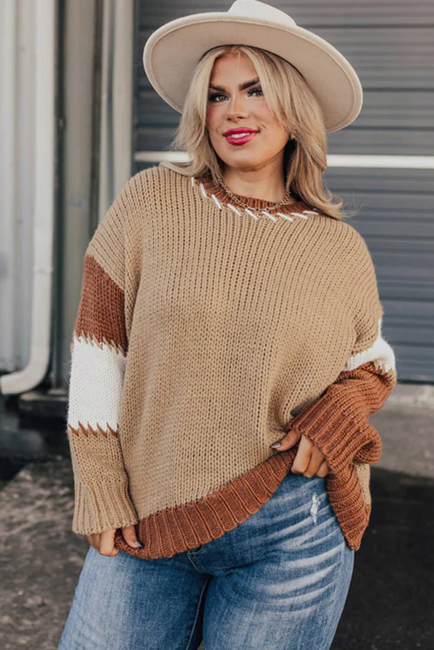 Light French Beige Contrast Stitch Detail Color Block Knitted Plus Size Sweater