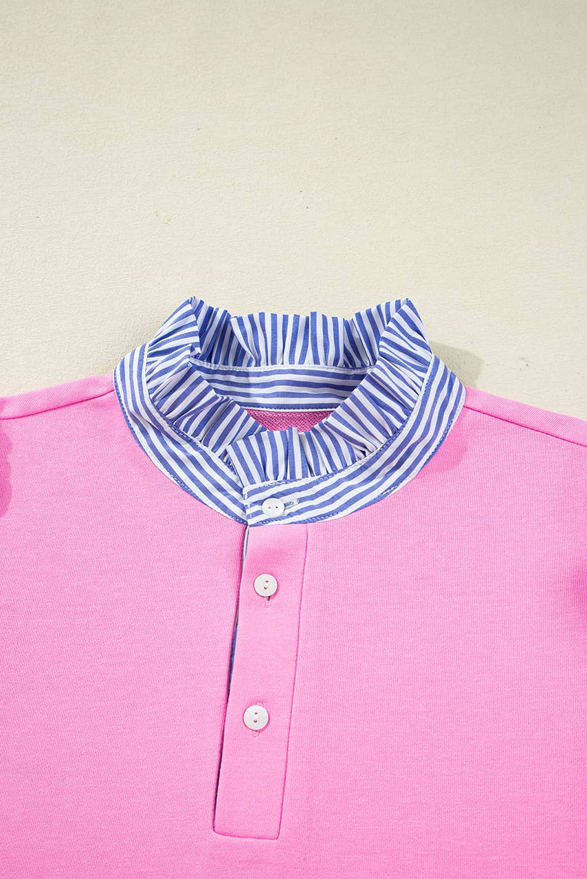 Pink Contrast Striped Collar Patchwork Puff Sleeve Ruffle Hem Mini Dress Pink Contrast Striped Collar Patchwork Puff Sleeve Ruffle Hem Mini Dress