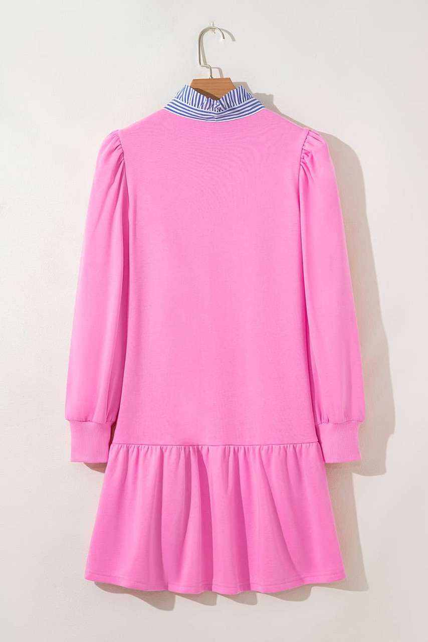 Pink Contrast Striped Collar Patchwork Puff Sleeve Ruffle Hem Mini Dress Pink Contrast Striped Collar Patchwork Puff Sleeve Ruffle Hem Mini Dress