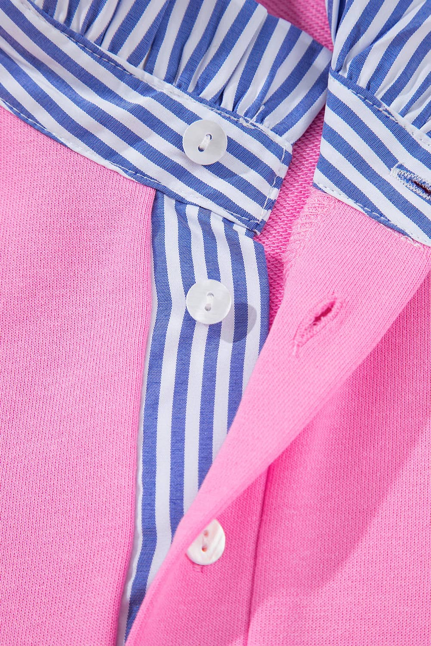 Pink Contrast Striped Collar Patchwork Puff Sleeve Ruffle Hem Mini Dress Pink Contrast Striped Collar Patchwork Puff Sleeve Ruffle Hem Mini Dress