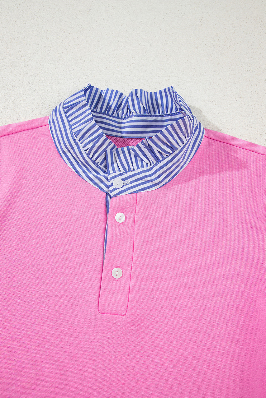 Pink Contrast Striped Collar Patchwork Puff Sleeve Ruffle Hem Mini Dress Pink Contrast Striped Collar Patchwork Puff Sleeve Ruffle Hem Mini Dress