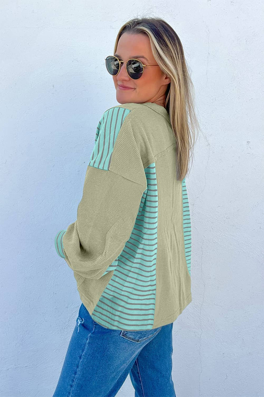 Meadow Mist Green Exposed Seam Waffle Striped Patchwork Baggy Pullover