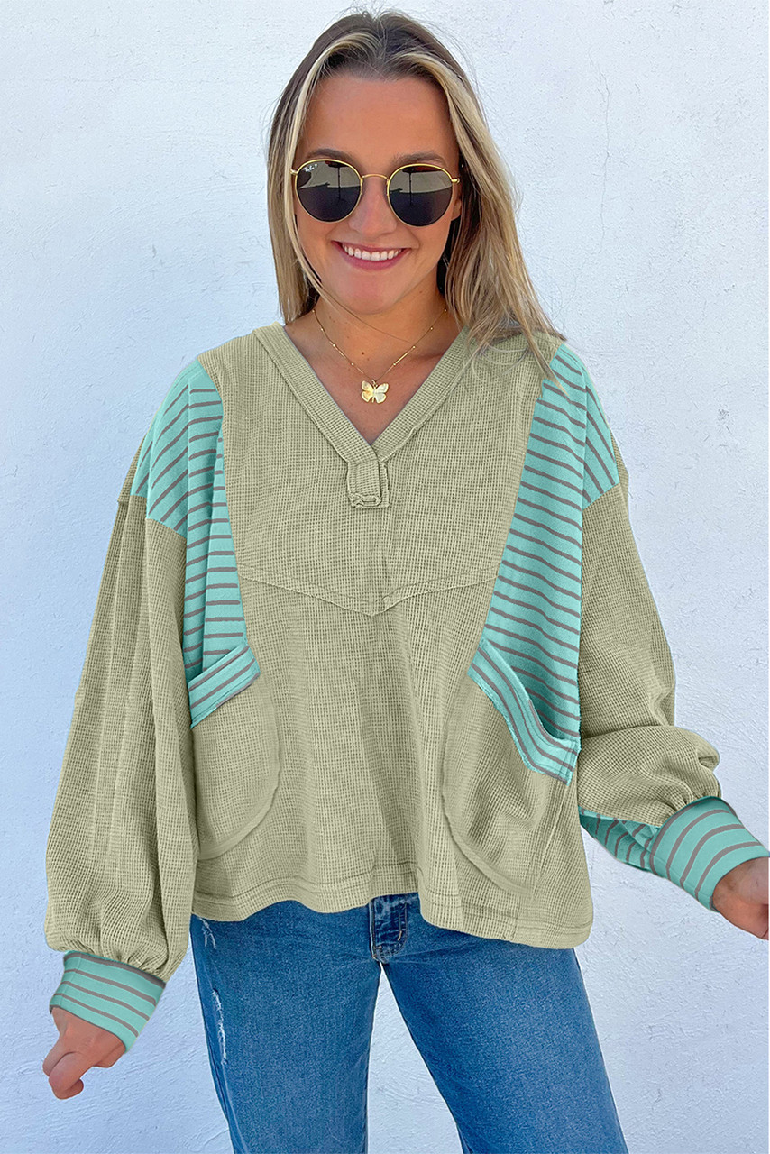 Meadow Mist Green Exposed Seam Waffle Striped Patchwork Baggy Pullover