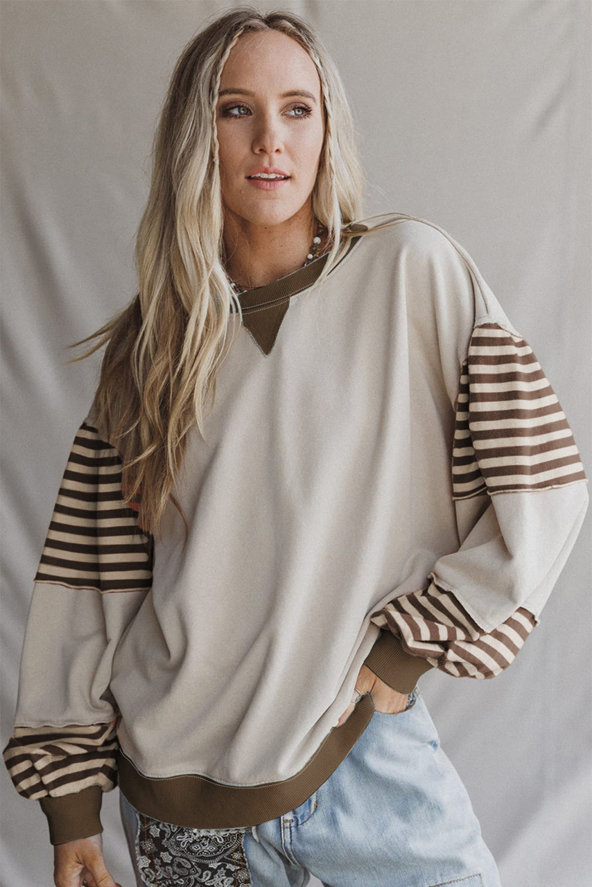 Parchment Striped Colorblock Patchwork Drop Shoulder Sweatshirt