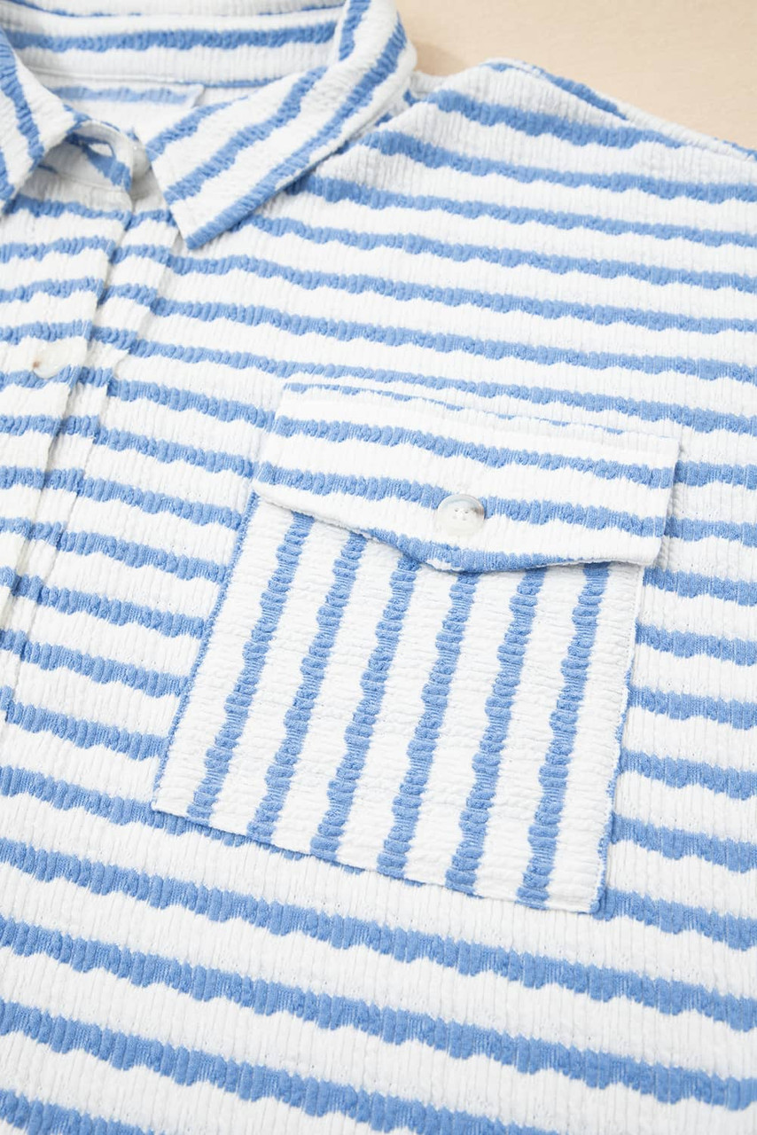 Sky Blue Stripe Half Button Collared Chest Pockets Loose Fit Blouse