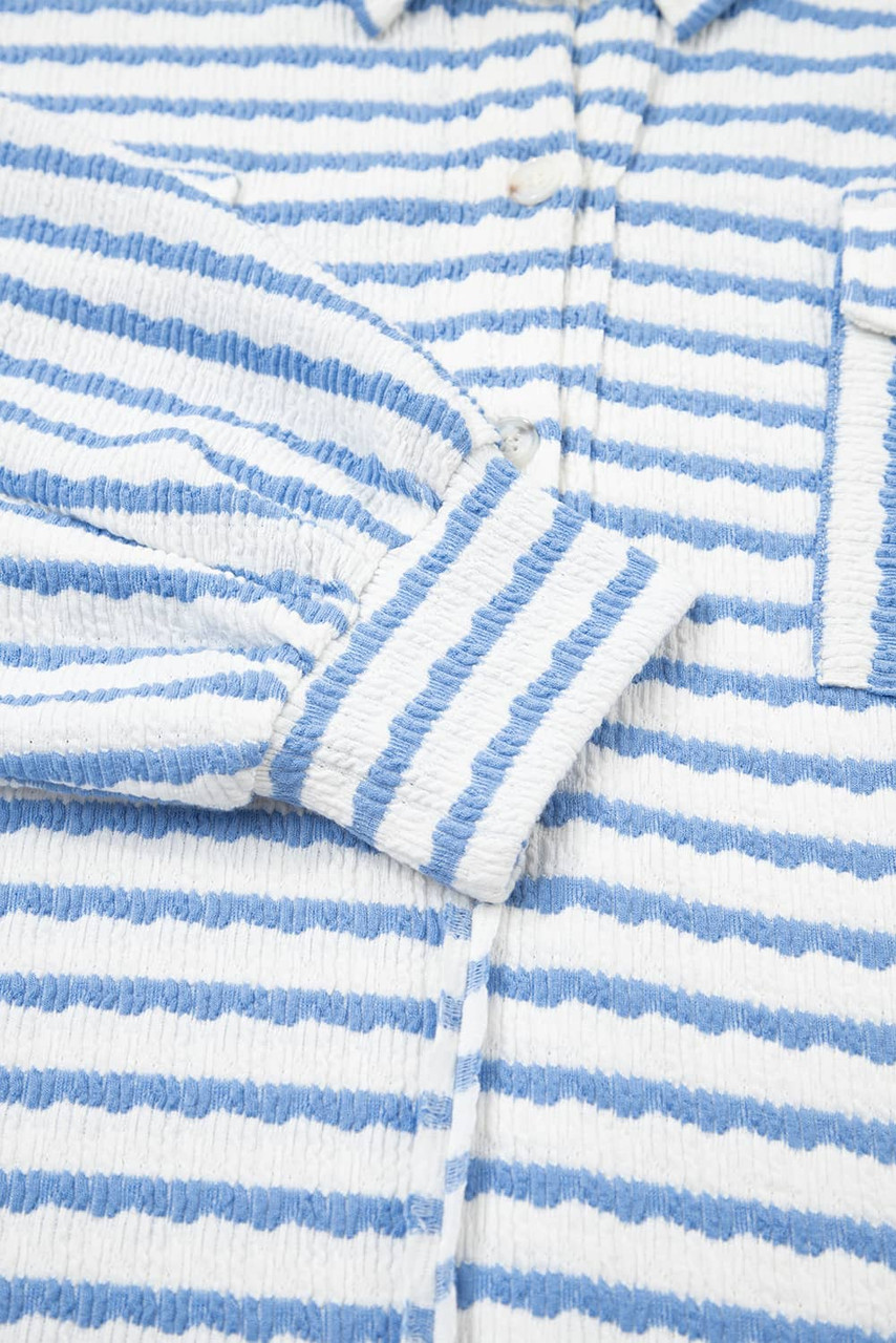 Sky Blue Stripe Half Button Collared Chest Pockets Loose Fit Blouse