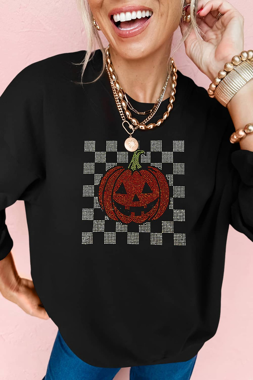 Black Rhinestone Jack-o-lantern Checkered Graphic Halloween Sweatshirt