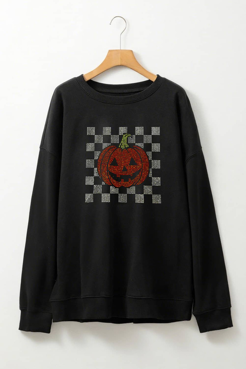 Black Rhinestone Jack-o-lantern Checkered Graphic Halloween Sweatshirt