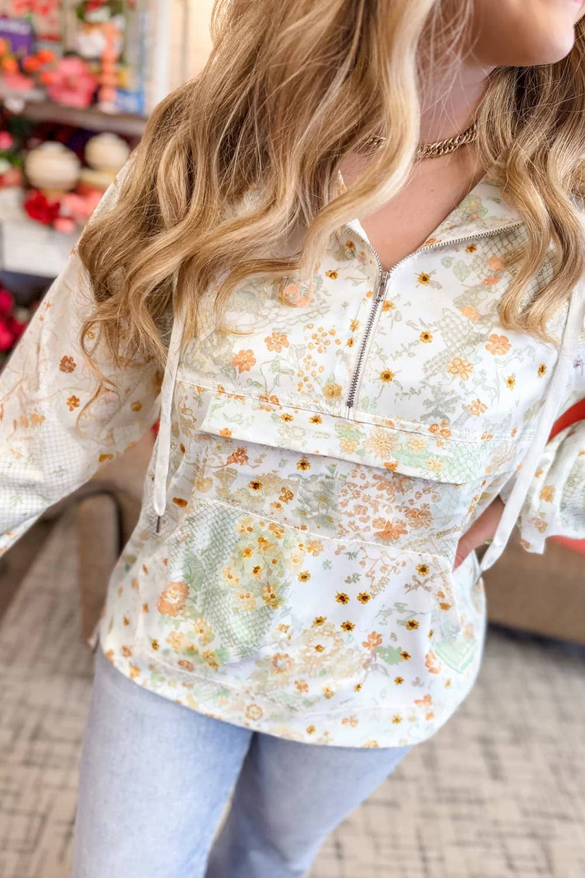 Yellow Floral Print Half Zip Hooded Long Sleeve Top