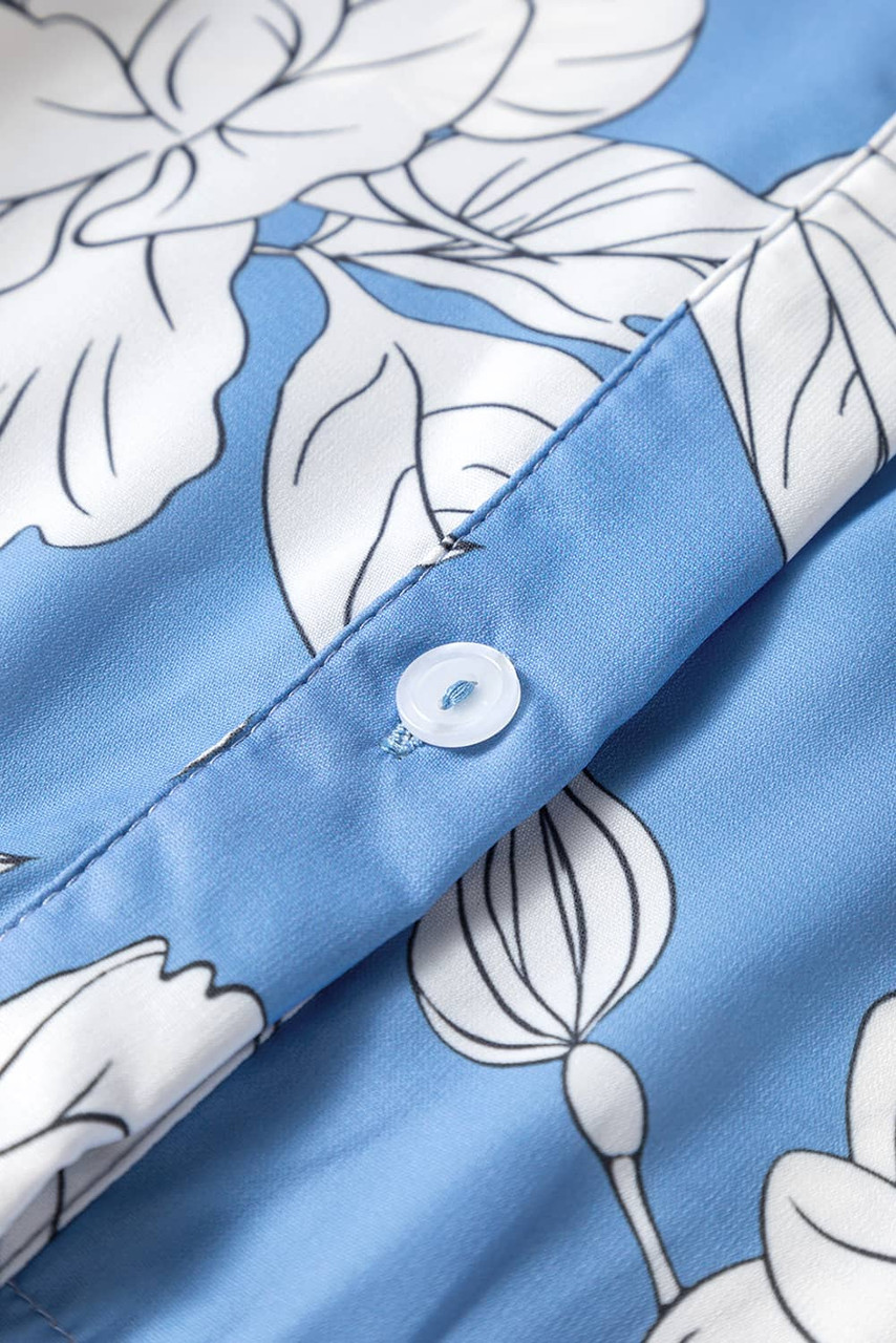Sky Blue Floral Print Shirt Collar Button Down 3/4 Sleeve Ruffle Hem Long Dress