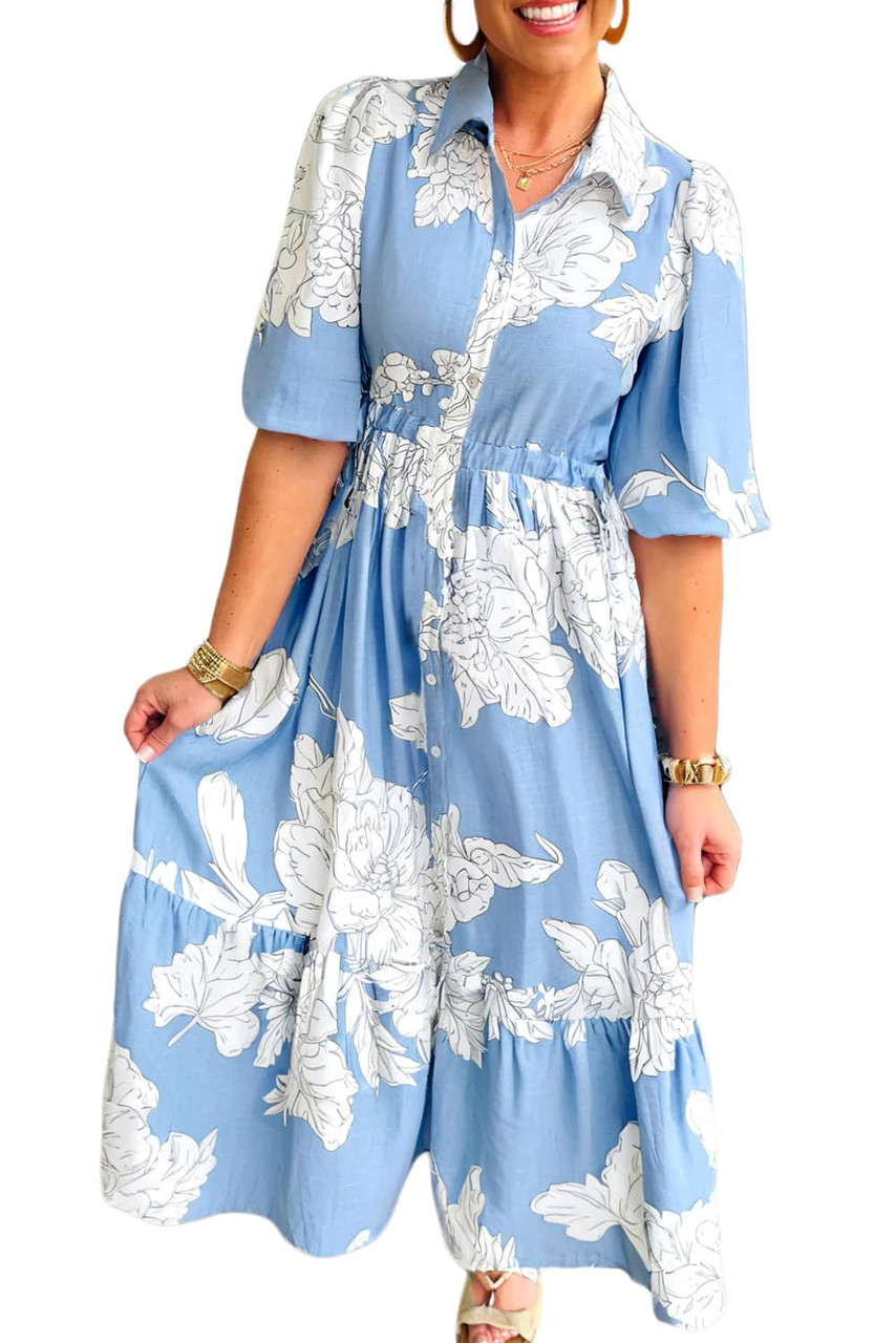 Sky Blue Floral Print Shirt Collar Button Down 3/4 Sleeve Ruffle Hem Long Dress