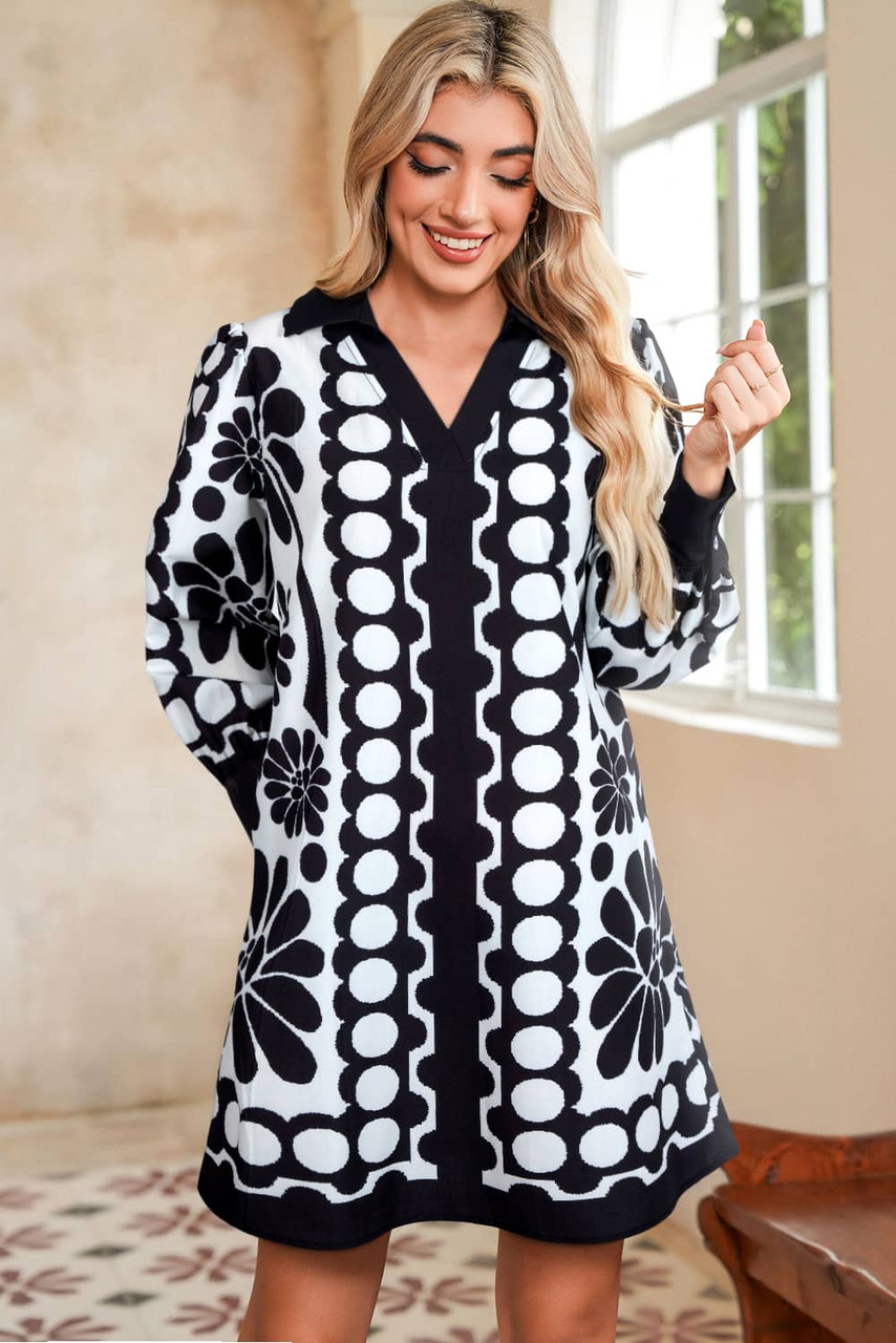 Black Polka Dot Floral Printed V Neck Long Sleeve Shift Mini Dress Black Polka Dot Floral Printed V Neck Long Sleeve Shift Mini Dress